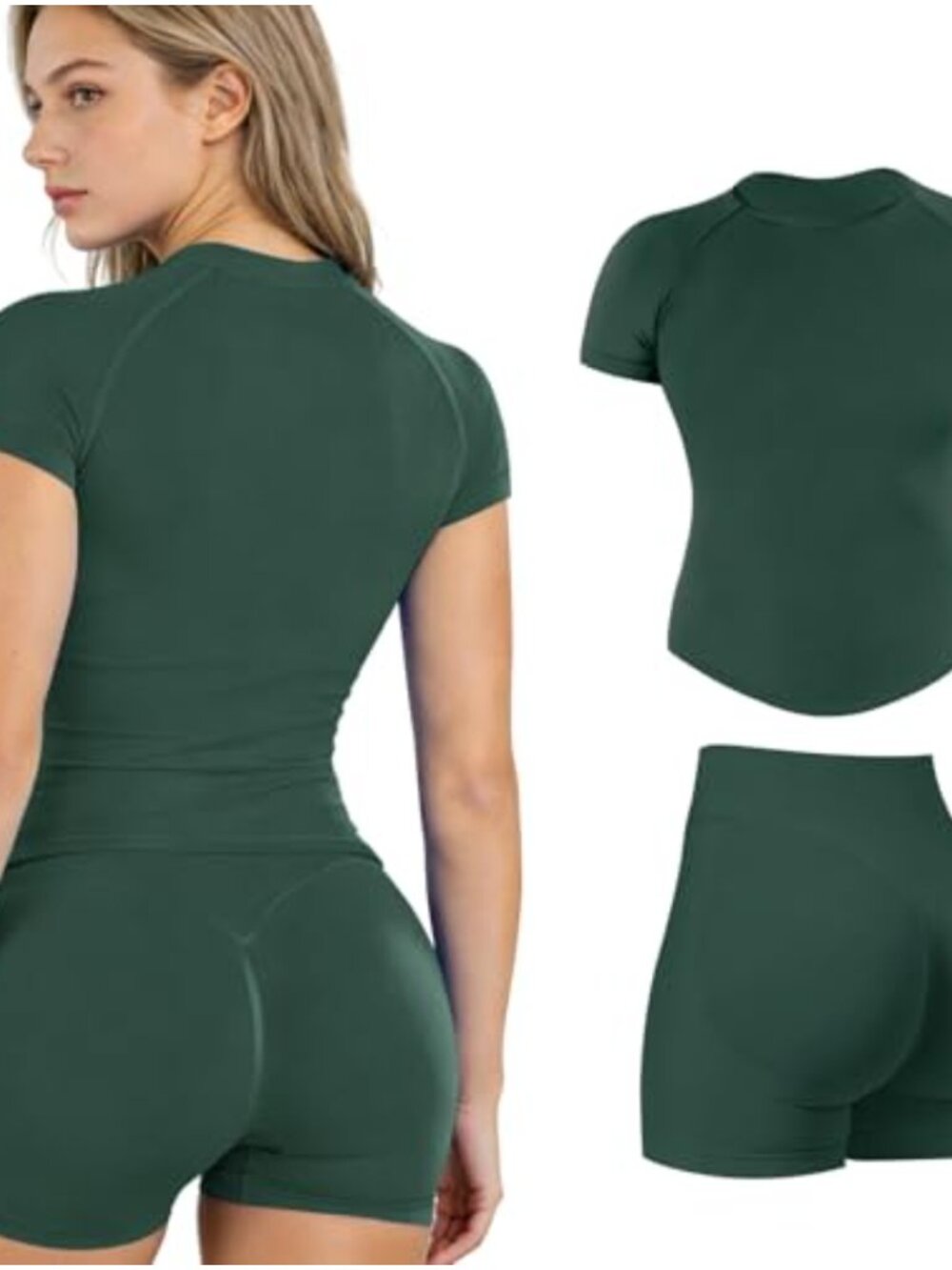 Women's 2 Piece Workout Set Longline Tee & Scrunch Shorts Twill Knit Stretch